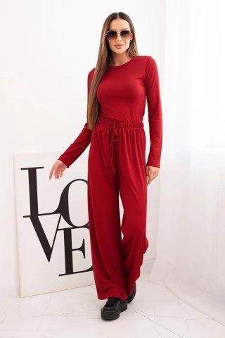 Komplet damski wiskozowy z bluzką i szerokimi spodniami bordowy