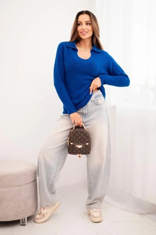 Sweter damski z baby alpaki z kołnierzem i dekoltem V chabrowy