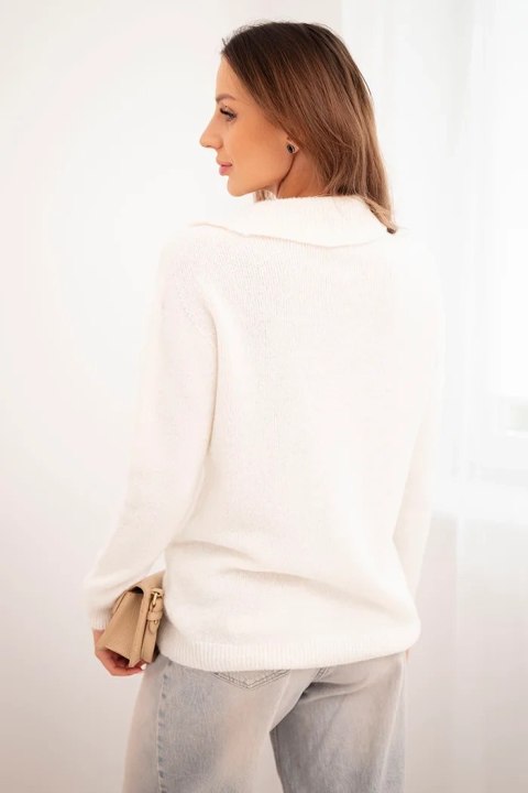 Sweter damski z baby alpaki z kołnierzem i dekoltem V ecru