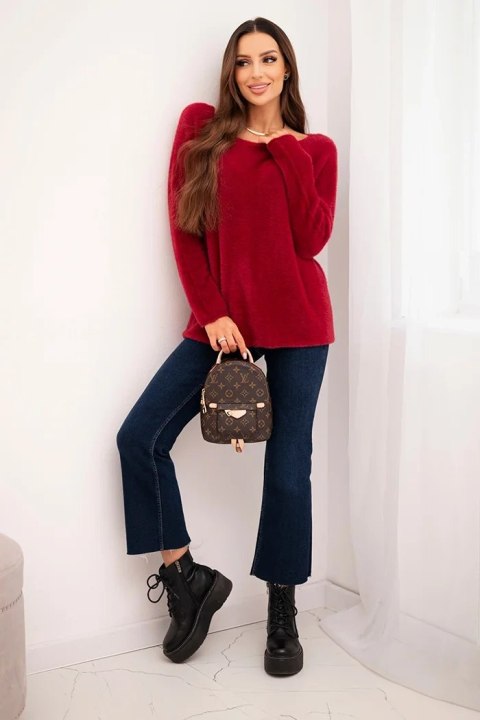 Sweter damski z miękkiej dzianiny z okrągłym dekoltem bordowy