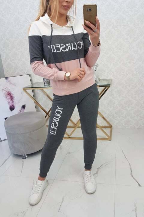 Komplet z nadrukiem Yourself ecru+grafitowy