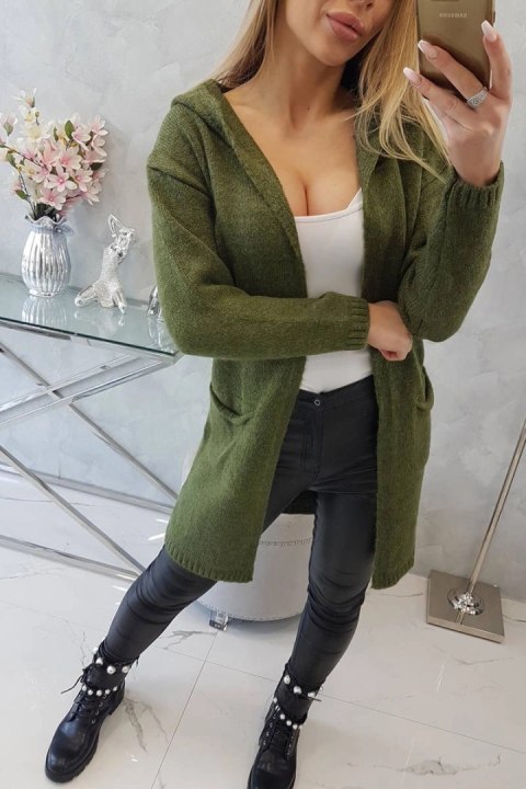 Sweter z kapturem i kieszeniami gładki khaki