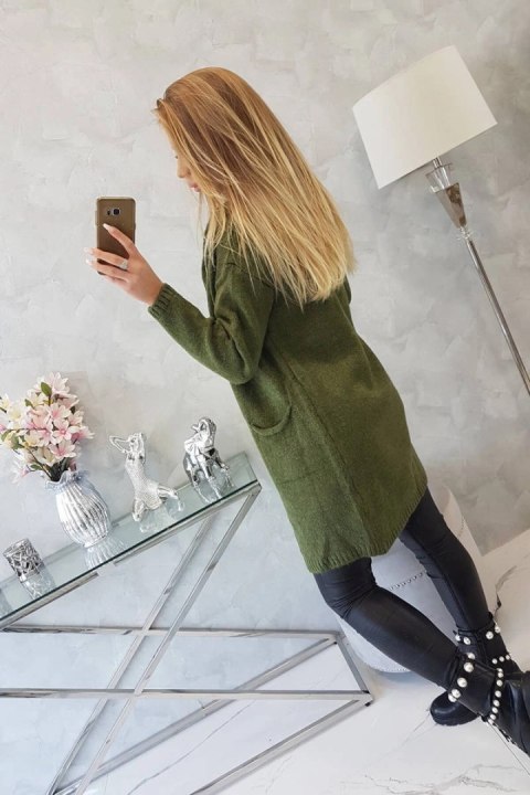 Sweter z kapturem i kieszeniami gładki khaki