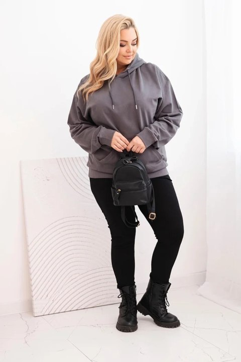 Bluza damska pętelkowa Plus Size bawełniana z kapturem i kieszenią kangurką grafitowa