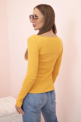 Bluzka damska bawełniana z długim rękawem i dekoltem łódką musztardowa