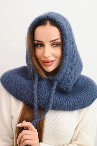 Czapka kaptur damski z wiązaniem i warkoczowym splotem jeansowy