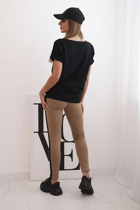 Komplet damski bawełniany z bluzką i legginsami z lampasem czarny