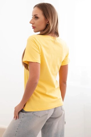 Bluzka damska z krótkim rękawem i naszywką z perełkami żółta