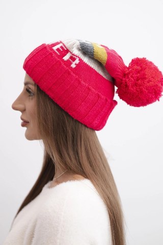 Czapka damska zimowa z wełną i napisem z dużym pomponem K422 fuksja