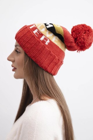 Czapka damska zimowa z wełną i napisem z dużym pomponem K422 malinowa