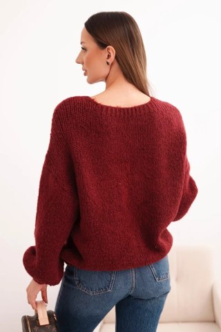 Sweter damski o grubym splocie z wełną i długim rękawem bordowy