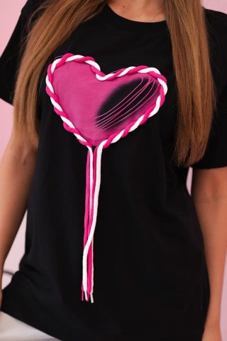 T-shirt damska oversize z sercem i frędzlami z krótkim rękawem czarna