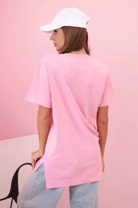 T-shirt damska oversize z sercem i frędzlami z krótkim rękawem jasno różowa