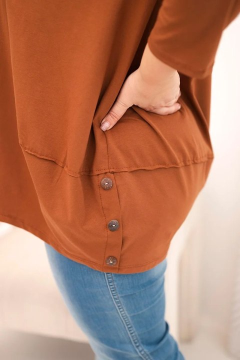Bluzka damska Plus Size z bawełny z ozdobnymi guzikami i podwijanymi rękawami camelowa