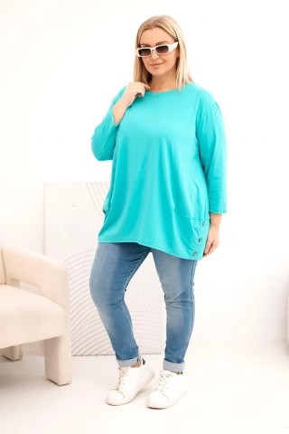 Bluzka damska Plus Size z bawełny z ozdobnymi guzikami i podwijanymi rękawami miętowa