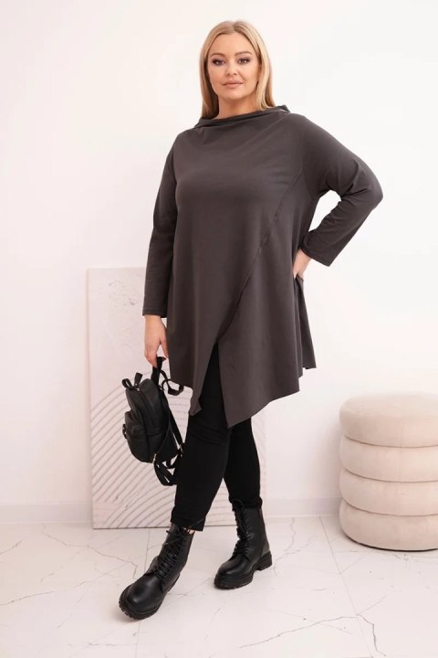 Bluzka damska bawełniana Plus Size asymetryczna z podwijanym rękawem grafitowa