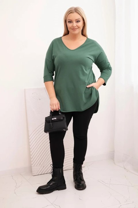 Bluzka damska bawełniana Plus Size z dekoltem V i podwijanym rękawem ciemne khaki