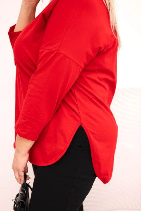 Bluzka damska bawełniana Plus Size z dekoltem V i podwijanym rękawem czerwona