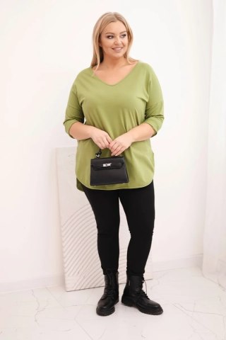 Bluzka damska bawełniana Plus Size z dekoltem V i podwijanym rękawem oliwkowa