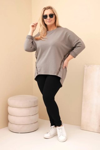 Bluzka damska Plus Size bawełniana z podwijanym rękawem i lampasem w panterkę fango