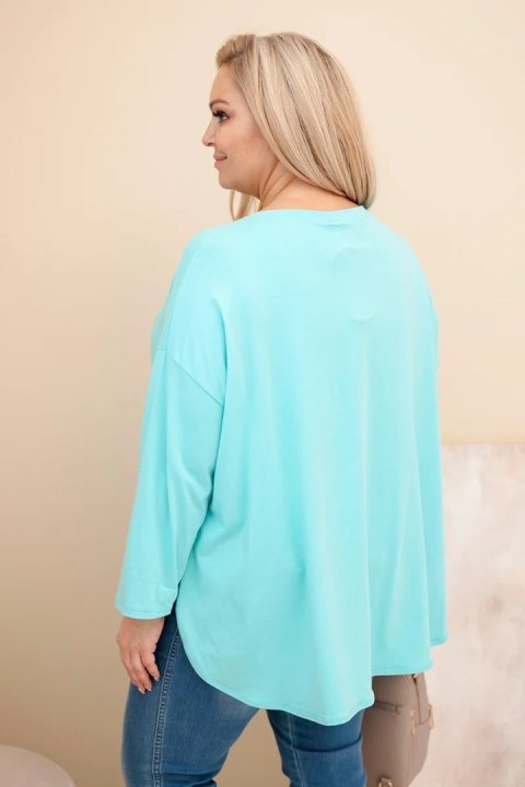 Bluzka damska Plus Size z bawełną z kieszenią i rękawem podwijanym miętowa