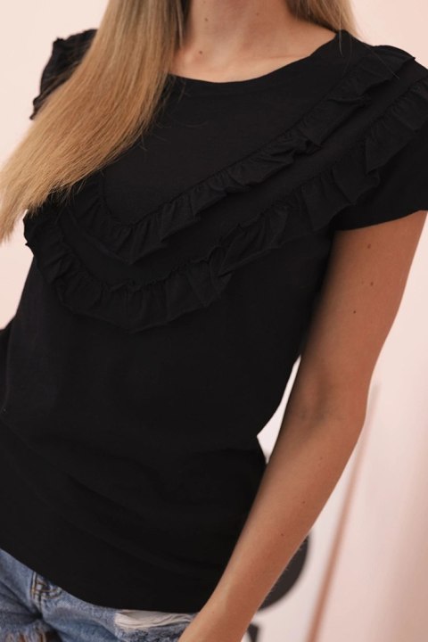 Bluzka damska bawełniana z falbanami na przodzie i rękawkach czarna