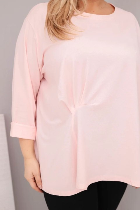 Bluzka damska plus size z bawełną z długim rękawem i marszczeniem pudrowy róż