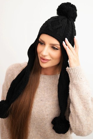 Czapka damska zimowa wełniana z pomponami i przedłużanymi bokami K448 czarna