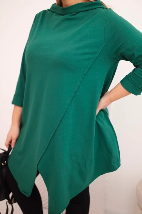 Bluzka damska bawełniana Plus Size asymetryczna z podwijanym rękawem ciemno zielona
