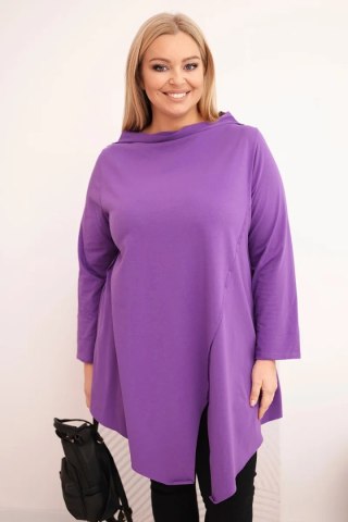 Bluzka damska bawełniana Plus Size asymetryczna z podwijanym rękawem fioletowa