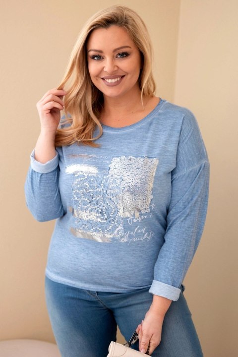 Bluzka damska Plus Size przecierana z nadrukiem i dłuższym tyłem jeansowa