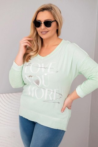 Bluzka damska Plus Size przecierana z napisem Love You More miętowa