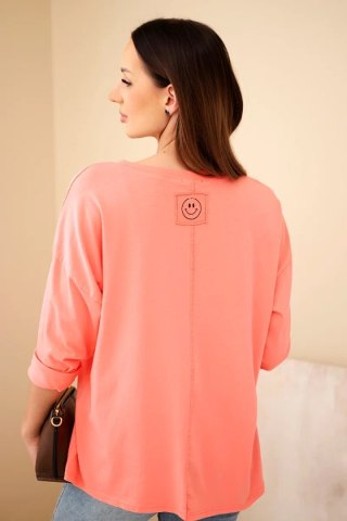 Bluzka damska bawełniana z dekoltem V z długim rękawem koralowa