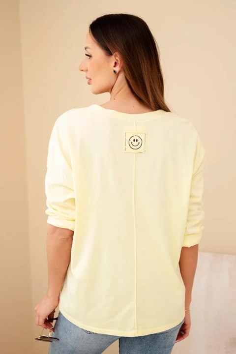 Bluzka damska bawełniana z dekoltem V z długim rękawem żółta