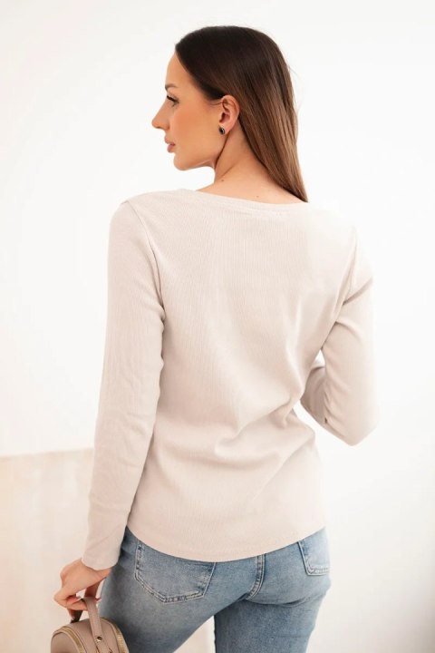 Bluzka damska bawełniana z długim rękawem i guzikami przy dekolcie beżowa