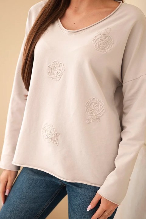 Bluzka damska bawełniana z haftowanymi kwiatami i dekoltem V beżowa