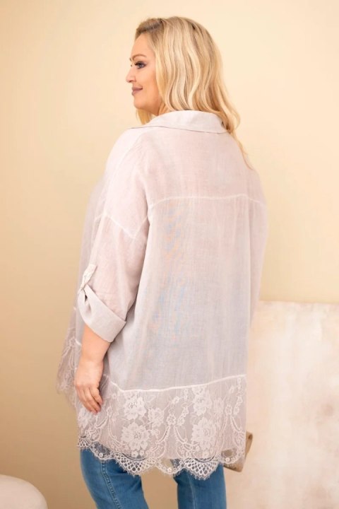 Koszula damska Plus Size bawełniana przecierana z koronkowym wykończeniem ciemno beżowa