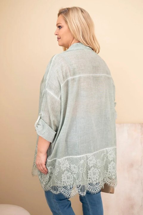 Koszula damska Plus Size bawełniana przecierana z koronkowym wykończeniem khaki