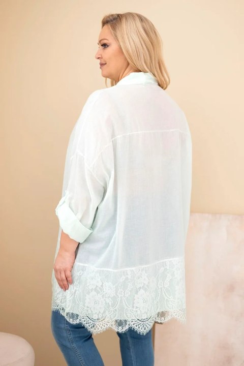 Koszula damska Plus Size bawełniana przecierana z koronkowym wykończeniem miętowa