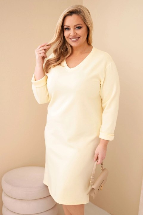 Sukienka damska Plus Size masełkowa z dekoltem V i rękawem żółta