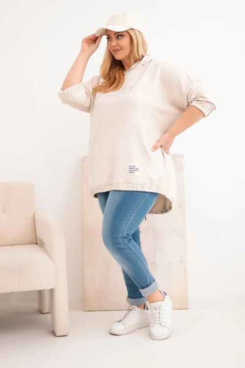 Bluza damska Plus Size z kapturem i nadrukiem beżowa