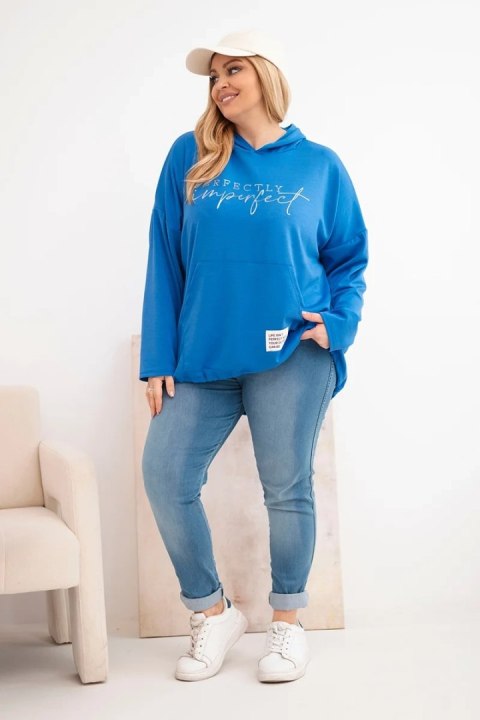 Bluza damska Plus Size z kapturem i nadrukiem chabrowa