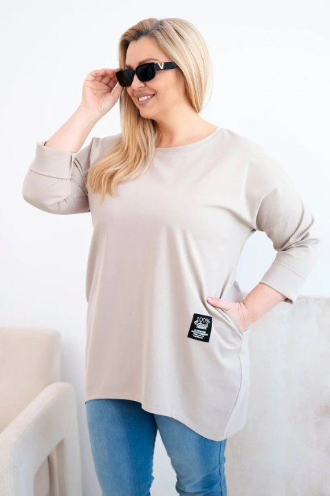Bluzka damska Plus Size z dłuższym tyłem i długim rękawem ciemno beżowa