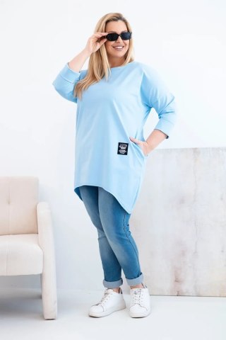 Bluzka damska Plus Size z dłuższym tyłem i długim rękawem niebieska
