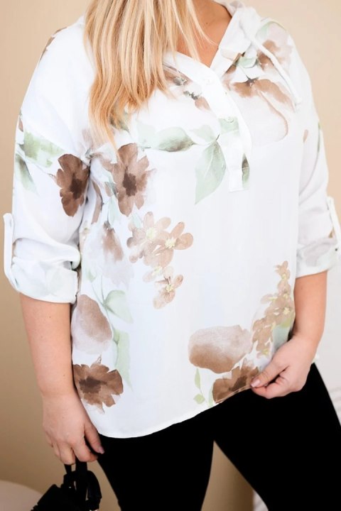 Bluzka damska Plus Size z wiskozy z kapturem i kwiatowym wzorem biała