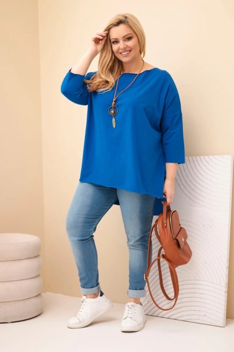 Bluzka damska bawełniana Plus Size asymetryczna z naszyjnikiem chabrowa