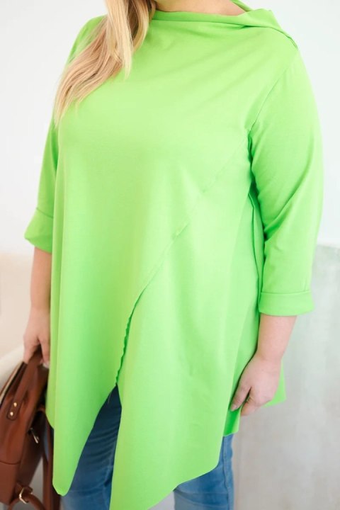 Bluzka damska bawełniana Plus Size asymetryczna z podwijanym rękawem jasno zielona
