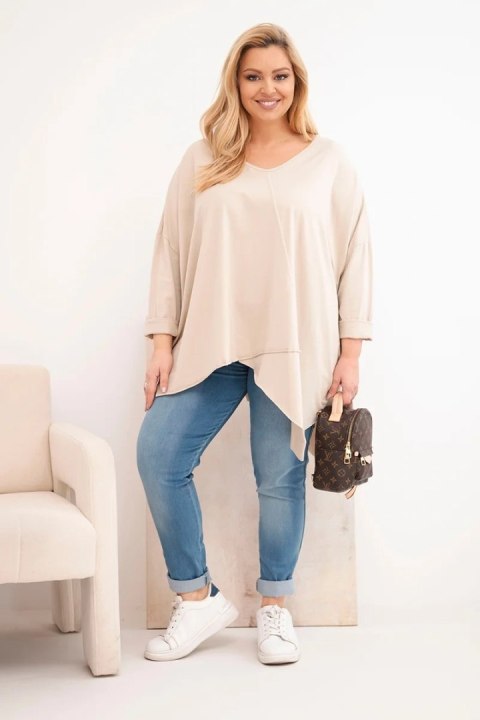 Bluzka damska bawełniana Plus Size z asymetrycznym dołem i dekoltem V beżowa