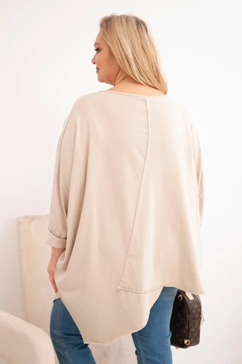 Bluzka damska bawełniana Plus Size z asymetrycznym dołem i dekoltem V beżowa