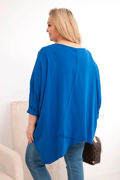 Bluzka damska bawełniana Plus Size z asymetrycznym dołem i dekoltem V chabrowa